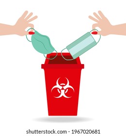Handle a disposable face mask in a biohazard bin. Hospital recycling containers Medical vector illustration