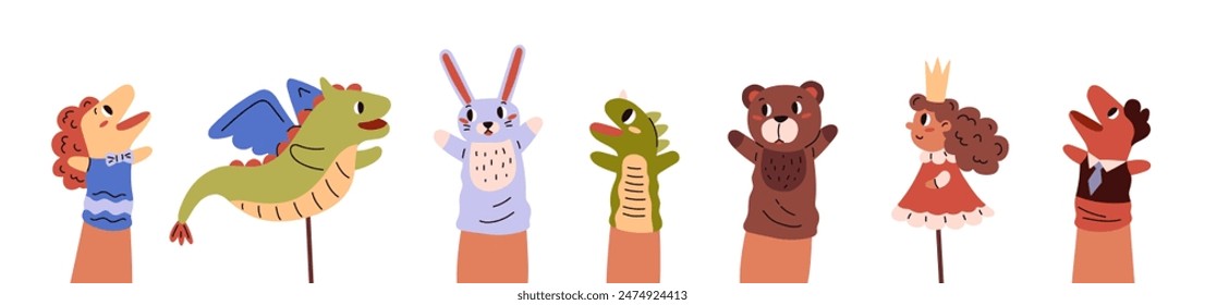 Handle or fingers puppets set vector flat illustration. Cartoon fairy tale toy heroes princess, dragon and animals. Childish theater dolls collection isolated on white background. Kids entertainment