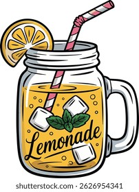 handle glass jar of yellow lemonade with straw ice and mint design stock photos