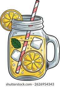 handle glass jar of yellow lemonade with straw ice and mint design stock photos
