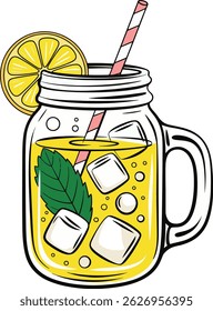 handle glass jar of yellow lemonade with straw ice and mint design stock photos