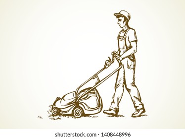 Handle grasscutter scythe device on white sky space for text. Freehand line black hand drawn manual labor plant turf shear home chore machinery logo pictogram sign icon in modern clip art doodle style