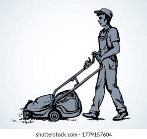 Handle grasscutter scythe device on white sky space for text. Freehand line black hand drawn manual labor plant turf shear home chore machinery logo pictogram sign icon in modern clip art doodle style