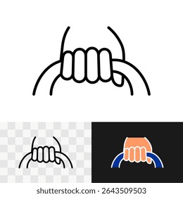 Handle with holding hand icon. Handgrip thin black line symbol. Editable stroke.