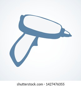 Handle home build job turn motor object on white wooden space for text. Outline black drawn labor install plastic cord hole machine logo pictogram sign in modern art doodle cartoon style. Closeup view