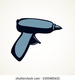 Handle home build job turn motor object on white wooden space for text. Outline black drawn labor install plastic cord hole machine logo pictogram sign in modern art doodle cartoon style. Closeup view