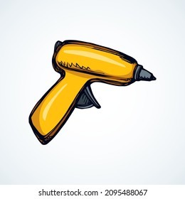 Handle home build job turn motor object on white wooden space for text. Bright yellow color drawn labor install plastic cord hole machine logo pictogram sign in modern art cartoon style. Closeup view