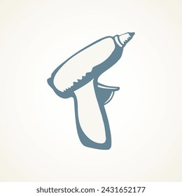 Handle home build job turn motor object on white wooden space for text. Outline black drawn labor install plastic cord hole machine logo pictogram sign in modern art doodle cartoon style. Closeup view