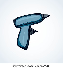 Handle home build job turn motor object on white wooden space for text. Bright blue color drawn labor install plastic cord hole machine logo pictogram sign in modern art cartoon style. Closeup view