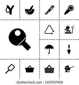 Handle icon. collection of 13 handle filled icons such as umbrella, mirror, sligshot, trowel, bucket, door knob, table tennis. editable handle icons for web and mobile.