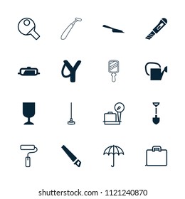 Handle icon. collection of 16 handle filled and outline icons such as pan, dustpan, shovel, sligshot, umbrella, luggage weight, case. editable handle icons for web and mobile.