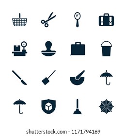 Handle icon. collection of 16 handle filled icons such as mirror, luggage weight, luggage, case, plunger, umbrella, keep dry cargo. editable handle icons for web and mobile.