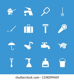 Handle icon. collection of 16 handle filled icons such as stamp, razor, mirror, wheelbarrow, scalpel, hands washing, tap, door knob. editable handle icons for web and mobile.