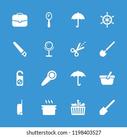 Handle icon. collection of 16 handle filled icons such as mirror, shovel, umbrella, case, pan, scissors, door knob, shopping bag. editable handle icons for web and mobile.