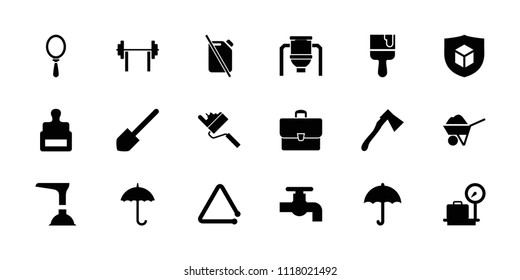 Handle icon. collection of 18 handle filled icons such as stamp, luggage weight, tap, shovel, paint brush, axe. editable handle icons for web and mobile.