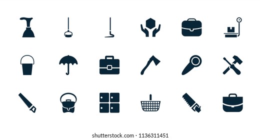 Handle icon. collection of 18 handle filled icons such as umbrella, luggage storage, plunger, bag, case, saw, axe, screwdriver. editable handle icons for web and mobile.