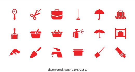 Handle icon. collection of 18 handle filled icons such as luggage storage, mirror, case, hoe, spray bottle, scissors, umbrella. editable handle icons for web and mobile.