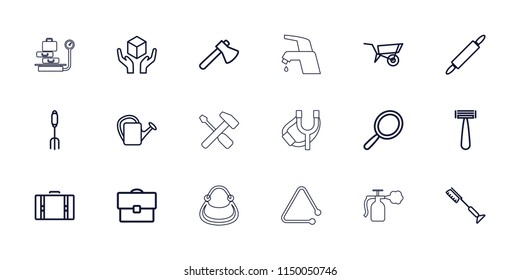 Handle icon. collection of 18 handle outline icons such as wheel barrow, razor, mirror, toothbrush, axe, pitchfork, watering can. editable handle icons for web and mobile.