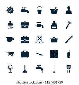 Handle icon. collection of 25 handle filled icons such as wheel barrow, stamp, luggage storage, helm, mirror, razor, dustpan, hoe. editable handle icons for web and mobile.