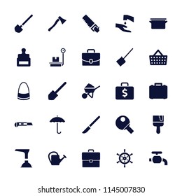 Handle icon. collection of 25 handle filled icons such as stamp, dustpan, bag, shovel, construction, saw, paint brush, cutter. editable handle icons for web and mobile.