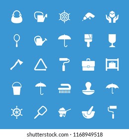 Handle icon. collection of 25 handle filled icons such as luggage storage, mirror, bag, umbrella, bucket, watering can, paint roller. editable handle icons for web and mobile.