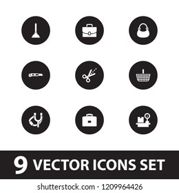 Handle icon. collection of 9 handle filled icons such as bag, cutter, luggage weight, scissors, case, plunger, sligshot. editable handle icons for web and mobile.