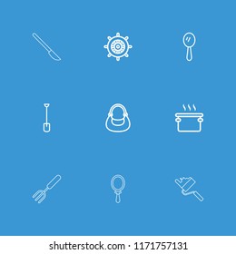 Handle icon. collection of 9 handle outline icons such as helm, mirror, bag, pan, shovel, roller, pitchfork. editable handle icons for web and mobile.