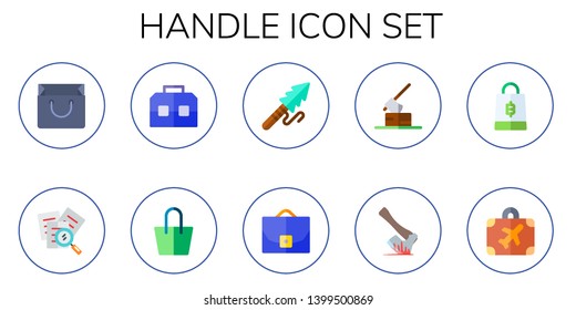 handle icon set. 10 flat handle icons.  Collection Of - bag, search, case, harpoon, axe, shopping bag, luggage
