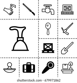 Handle icon. set of 13 filled and outline handle icons such as cargo on palette, luggage, scalpel, door knob, mirror, plunger, tap, shovel, hands washing, lugagge weight