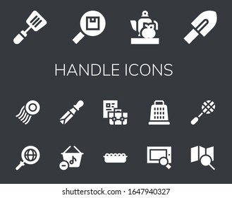 handle icon set. 14 filled handle icons.  Simple modern icons such as: Spatula, Search, Teapot, Trowel, Stamp, Basket, Chisel, Sand, Briefcase, Grater, Racket