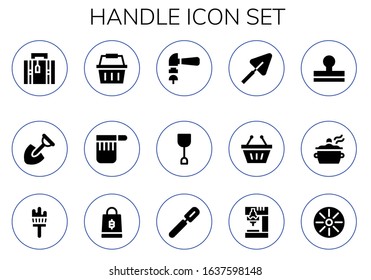 handle icon set. 15 filled handle icons. Included Luggage, Shovel, Shopping basket, Bag, Hammer, Trowel, Stamp, Pot, Painting brush, Shopping bag, Peeler, Drill, Pan icons