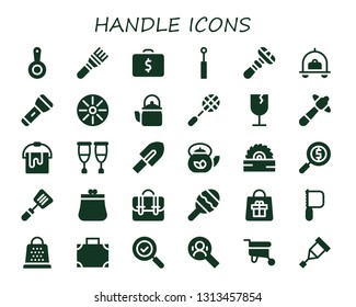 handle icon set. 30 filled handle icons.  Simple modern icons about  - Pan, Brush, Briefcase, Mirror, Razor, Luggage, Flashlight, Kettle, Racket, Fragile, Hammer, Bucket, Crutches
