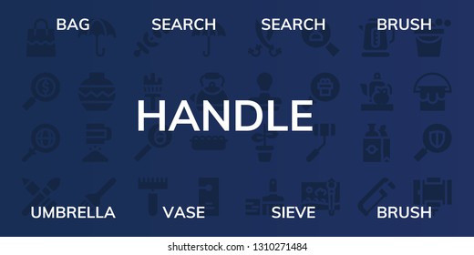 handle icon set. 32 filled handle icons. on blue background style Simple modern icons about  - Bag, Search, Brush, Umbrella, Vase, Sieve, Skewer, Painting brush, Rake, Kettle