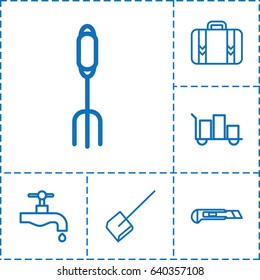 Handle icon. set of 6 handle outline icons such as dustpan, tap, pitchfork, cutter