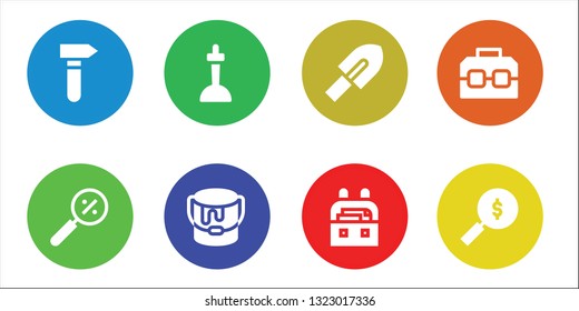 handle icon set. 8 filled handle icons.  Collection Of - Hammer, Magnifying glass, Excalibur, Paint bucket, Trowel, Case, Search