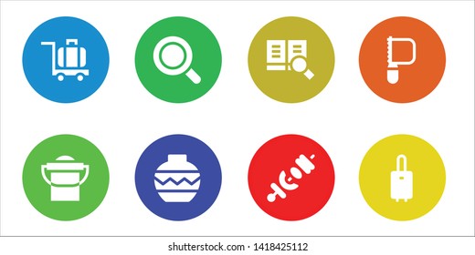 handle icon set. 8 filled handle icons.  Simple modern icons about  - Luggage, Bucket, Magnifying glass, Vase, Search, Skewer, Saw, Suitcase