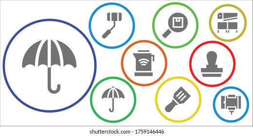 handle icon set. 9 filled handle icons. Included Umbrella, Selfie stick, Search, Spatula, Kettle, Stamp, Saw icons