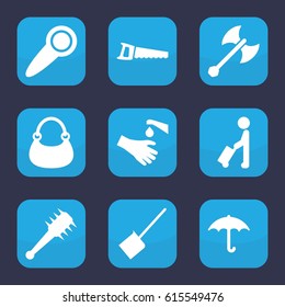Handle icon. set of 9 filled handle icons such as man with luggage, dustpan, bag, saw, hands washing, keep dry cargo, door knob, axe weapon