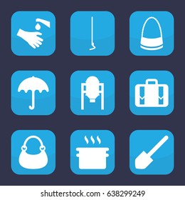 Handle icon. set of 9 filled handle icons such as tank, umbrella, bag, shovel, hoe, hands washing, luggage