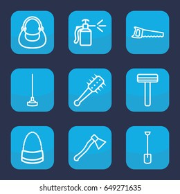 Handle icon. set of 9 outline handle icons such as razor, bag, shovel, hoe, saw, spray bottle, mace