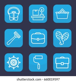 Handle icon. set of 9 outline handle icons such as helm, razor, bag, roller, lugagge weight, maraca, case