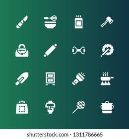 handle icon set. Collection of 16 filled handle icons included Pot, Maracas, Handle, Shopping bag, Frying pan, Flashlight, Cabinet, Shovel, Crank arm, Chest expander, Rolling pin