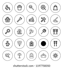 Handle icon set. collection of 25 outline handle icons with bag, bucket, carpenter, crutches, gift bag, hammer, maracas, kettle, pan, paint brush, pot icons. editable icons.
