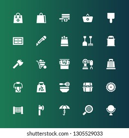handle icon set. Collection of 25 filled handle icons included Mirror, Search, Umbrella, Ax, Net, Saw, Litter box, Whisk, Bag, Paint bucket, Grater, Robot arm, Wheelbarrow, Axe