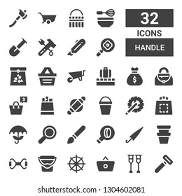 handle icon set. Collection of 32 filled handle icons included Razor, Crutches, Shopping basket, Helm, Bucket, Chest expander, Pot, Umbrella, Search, Brush, Shopping bag, Crank arm