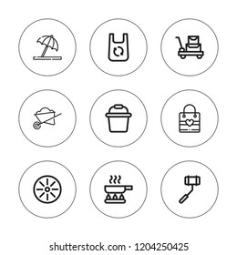 Handle icon set. collection of 9 outline handle icons with bag, bucket, frying pan, gift bag, luggage, pan, selfie stick, umbrella icons. editable icons.