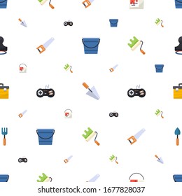 handle icons pattern seamless. Included editable flat Bucket, trowel, paint bucket, Hand saw, joystick, paint roller, toolbox, Gardening tools icons. handle icons for web and mobile.