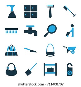 Handle icons set. set of 16 handle bi-color icons such as wheel barrow, man with luggage, luggage belt, luggage storage, razor, mirror, plunger, dustpan, do not disturb, tap