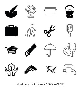 Handle icons. set of 16 editable filled and outline handle icons such as wheelbarrow, scissors, case, wheel barrow, handle with care, bag, drill, man with luggage, umbrella