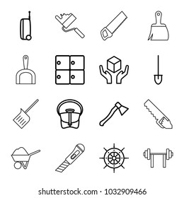 Handle icons. set of 16 editable outline handle icons such as luggage storage, bag, shovel, handle with care, suitcase, helm, axe weapon, dustpan, brush, roller, construction